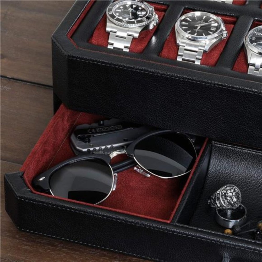12 Slot Leather Watch Box with Valet Drawer - 12 Slot Luxury Watch Case Display - Picture 4 of 6
